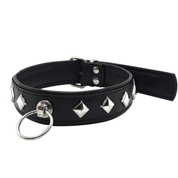 Leather Studded O-Ring Collar - Black