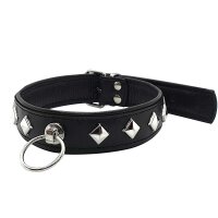 Leather Studded O-Ring Collar - Black