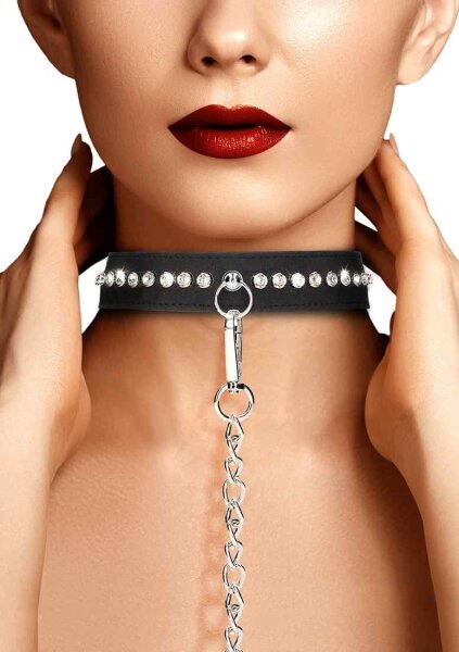 Diamond Studded Collar With Leash  - Black