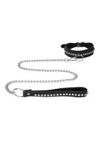 Diamond Studded Collar With Leash  - Black