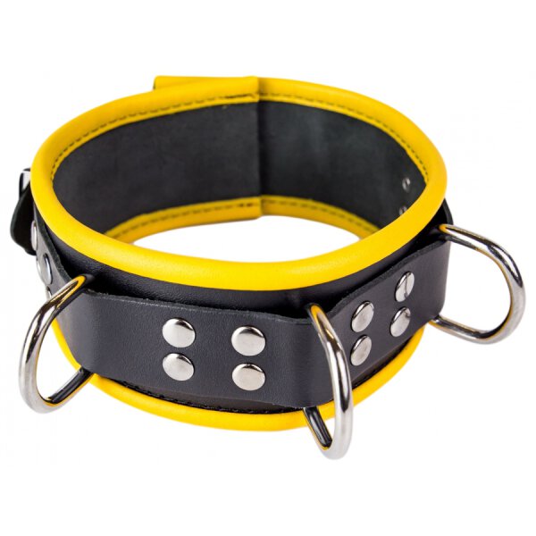 Leather Necklace 3 Rings D Black-Yellow