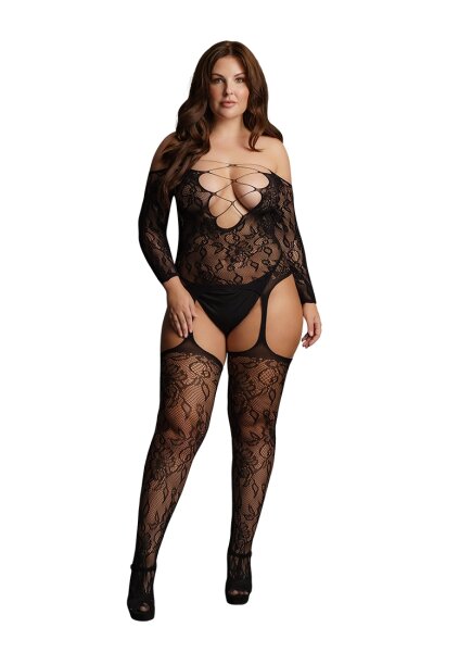 Criss Cross Neck Bodystocking - Black Queensize