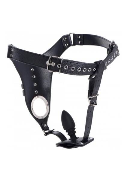 Male Chastity Harness + Silicone Anal Plug - Black
