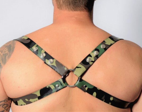 Camouflage Leather Harness - Acc. Chrome - Cross - The Red S/M