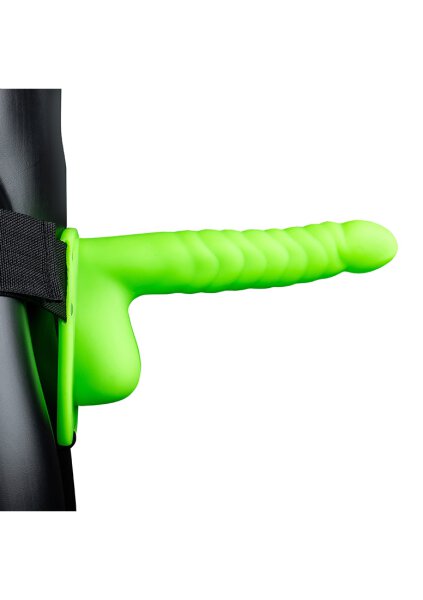 Ribbed Hollow Strap-on with Balls - 8 / 21 cm - Glow in the Dark