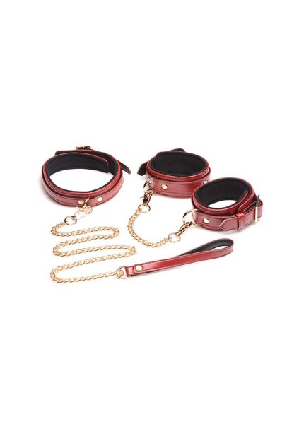 Master Series 6 Piece Burgundy Bondage Set Burgundy Cuffs, Collar, & Leash
