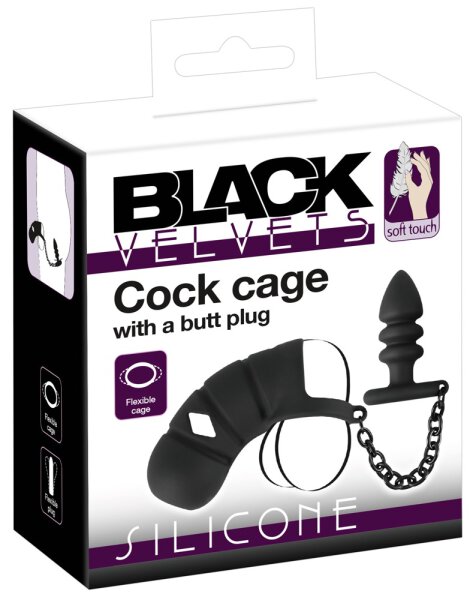 Black Velvets Cock cage with Anal Plug