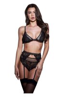 3Pc Lace & Mesh Bra, Garter & Panty Set Black, S/M