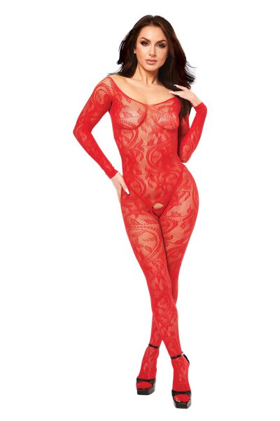 Baci Longsleeve Crotchless Bodystocking Red, Os