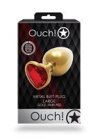 Shots Ouch! Heart gemstone anal plug gold ruby red large 4 cm