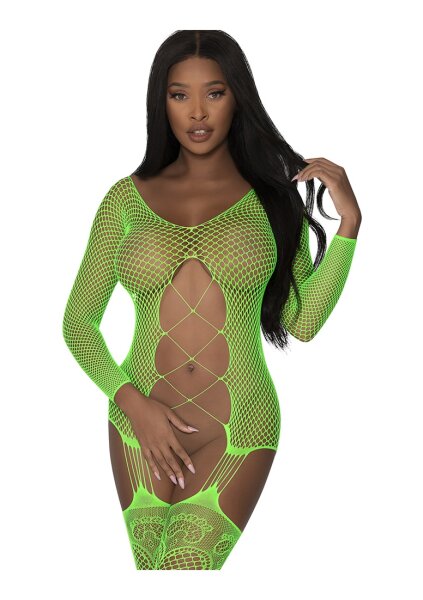 Magic Silk - Fishnet Gartered Catsuit - One Size - Lime