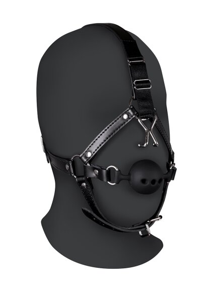 Shots head harness with breathable ball gag and nose hook black