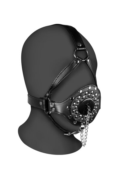 Shots head harness with open mouth gag and stopper black