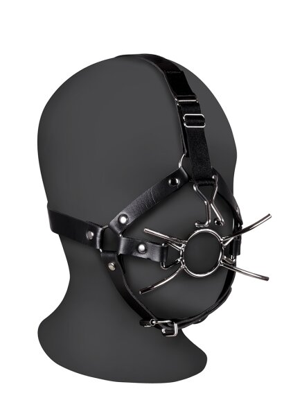 Shots head harness with spider mouth gag and nose hook black