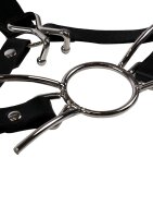 Shots head harness with spider mouth gag and nose hook black