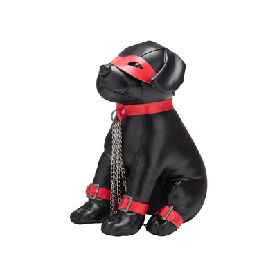 Prowler Captain Chains leather dog with red bondage harness and black eye mask