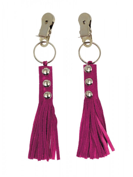 Rimba Nipple Clamps with Small Leather Whips Pink Silver