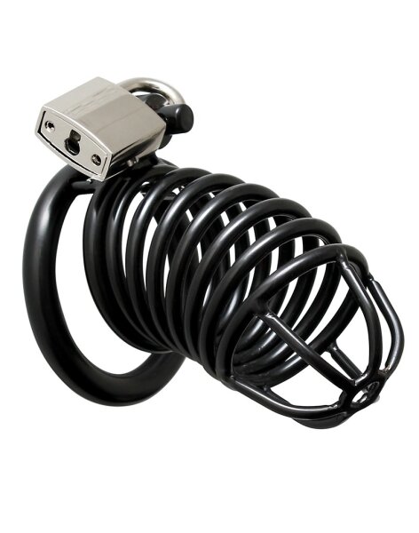 Rimba metal chastity cage with lock black Ø 4.5 cm - 5 cm