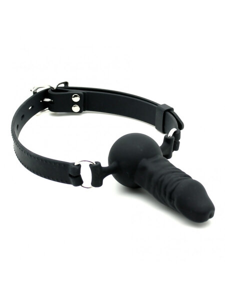 Rimba Latex Play - Mouth Gag with Penis (Ø 40 mm) - Black & Silver