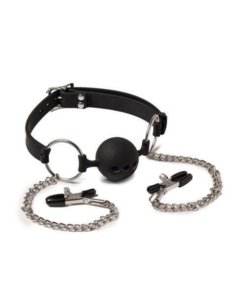 Rimba Latex Play - Mouthgag with Ball and Nipple Clamps - Black