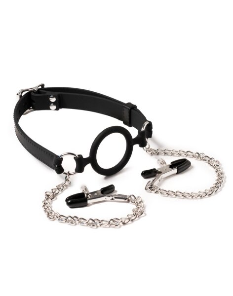 Rimba Latex Play - Mouthgag with O-Ring and Nipple Clamps - Black