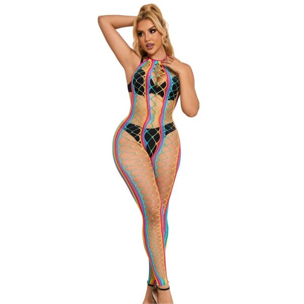 SUBBLIME Rainbow Halter Neck Fishnet Bodystocking One Size