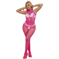 SUBBLIME Fishnet And Lace Crotchless Bodystocking With High Neck Pink One Size