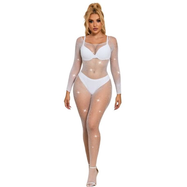 SUBBLIME Fishnet Bodystocking With Diamonds Long Sleeve White One Size