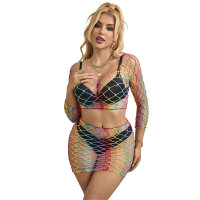 SUBBLIME 2 Piece Fishnet Bodystocking Long Sleeve Rainbow One Size