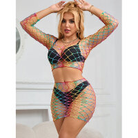 SUBBLIME 2 Piece Fishnet Bodystocking Long Sleeve Rainbow One Size