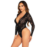 Leg Avenue Lace And Long Sleeve Body With Diamonds Black One Size
