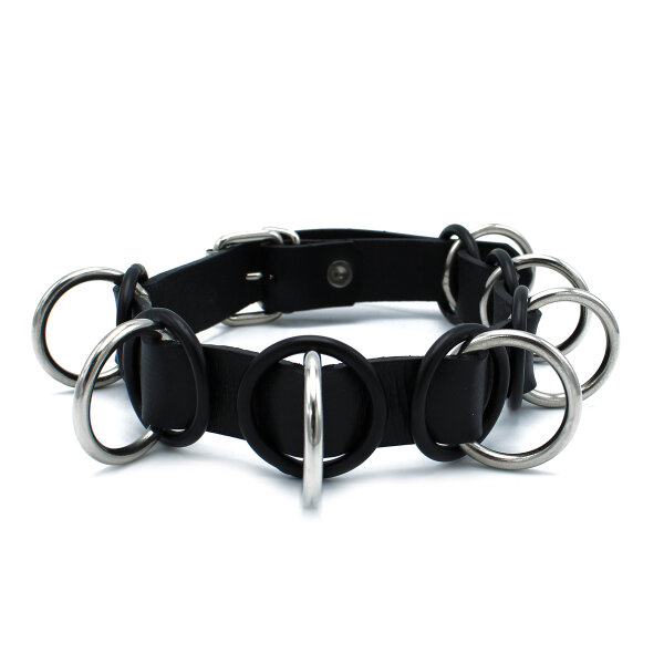 Kiotos Leather Collar with 7 Statement Rings Black