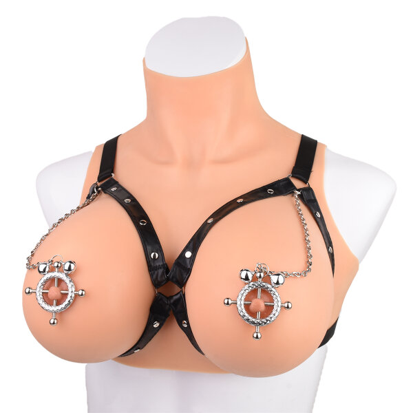 Kiotos Circular Nipple Clamps Bells & Leather Harness