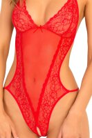 Crotchless Lace & Mesh Teddy Red S/M - M/L