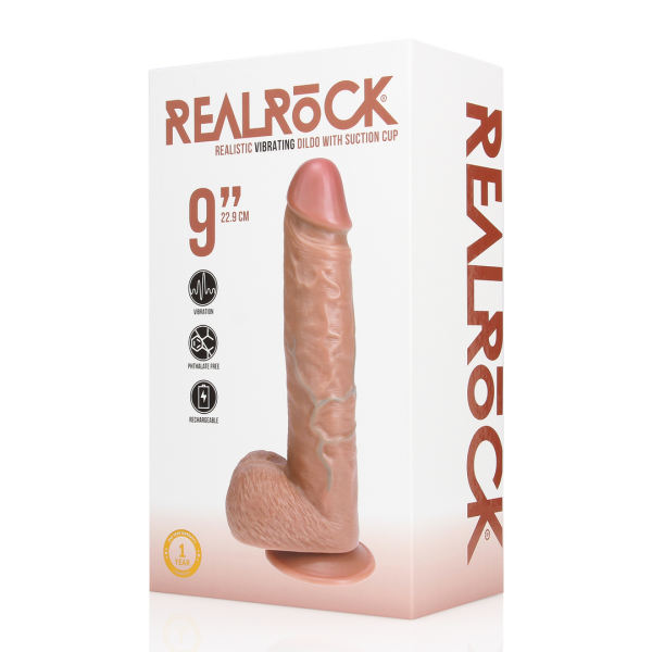 RealRock Vibrating Regular Straight Cock with Balls - 9 / 23 cm - Tan