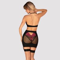 Obsessive Rosenty Set Neckholder-Top & Straps-Minirock rot, schwarz XS/S - XL/XXL