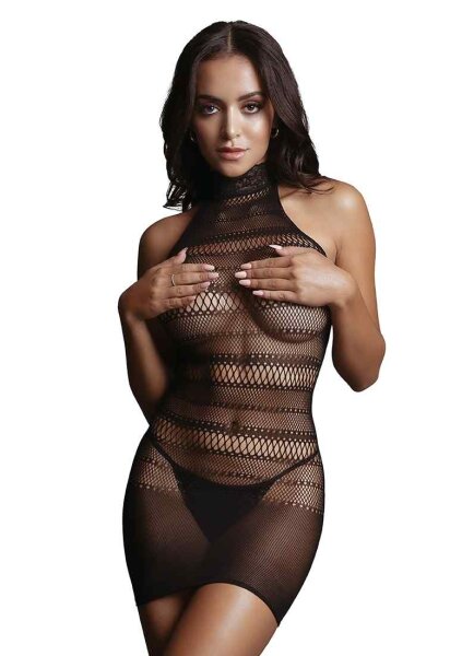 High Lace Neck Net Mini Dress Black Onesize - Queensize