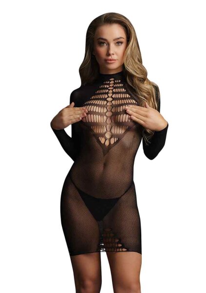 Long Sleeve Fishnet Dress Black - Onesize - Queensize
