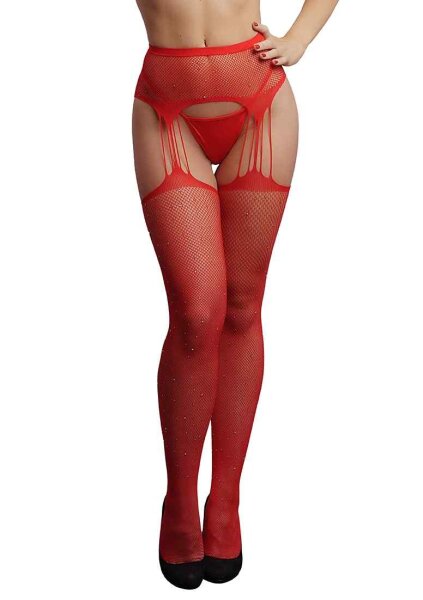 Suspender Rhinestone Pantyhose Red Onesize - Queensize
