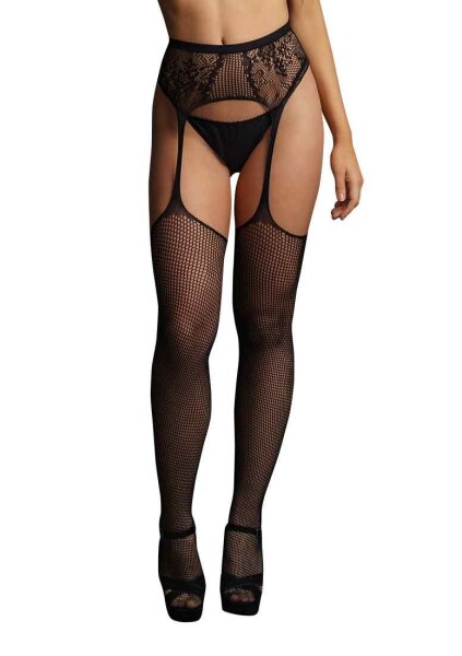 Fishnet and Lace garterbelt stockings Black - Onesize - Queensize