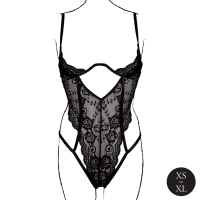 Le Désir Lace Underwired Open Cup Bodysuit with Adjustable Sliders Black Onesize - Queensize