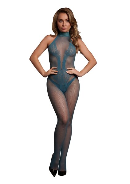 Fishnet and Lace Bodystocking Blue Onesize - Queensize