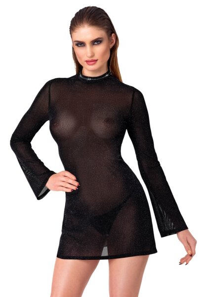 Noir Transparent Mini Dress with Glitter Black XL