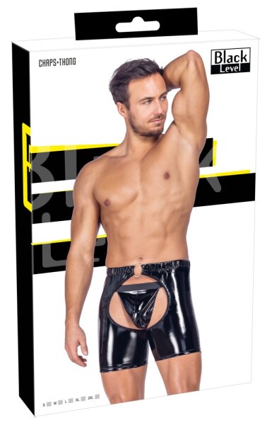 Black Level set of string and chaps in patent leather black L