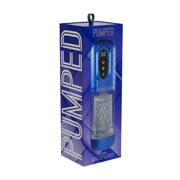 Shots Vortex Masturbatorpumpe mit Saug-, Dreh- und Stoß-Funktion Blau