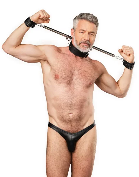 Rimba Adjustable Spreader Bar with Neck and Hand Cuffs Black Silver