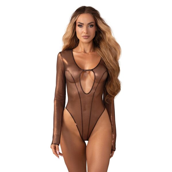 Obsessive Soranna Long-Sleeve Teddy with Open Crotch Brown 2XL-3XL
