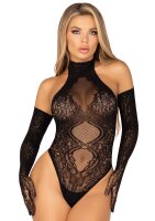 Leg Avenue Lace Halter Teddy and Long Gloves Black One Size