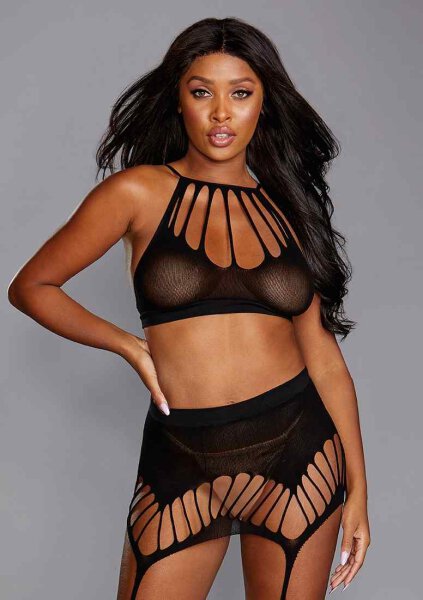 Seamless Bralette & Garter Skirt Set Black One Size