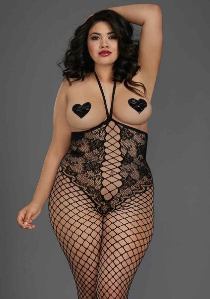 Netzbody mit Spitze busenfrei schwarz Queen Size